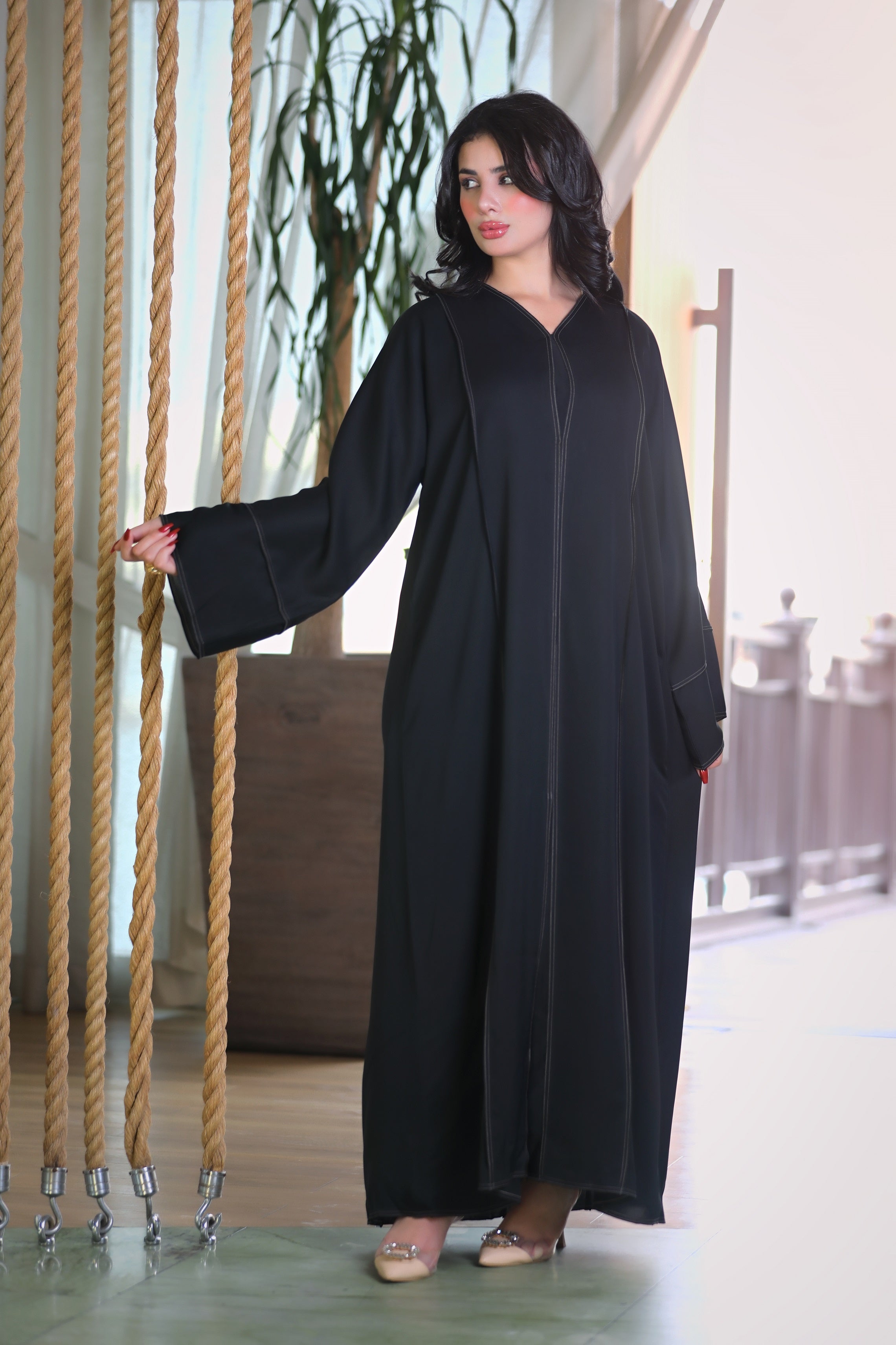 Black abaya with beige stripes