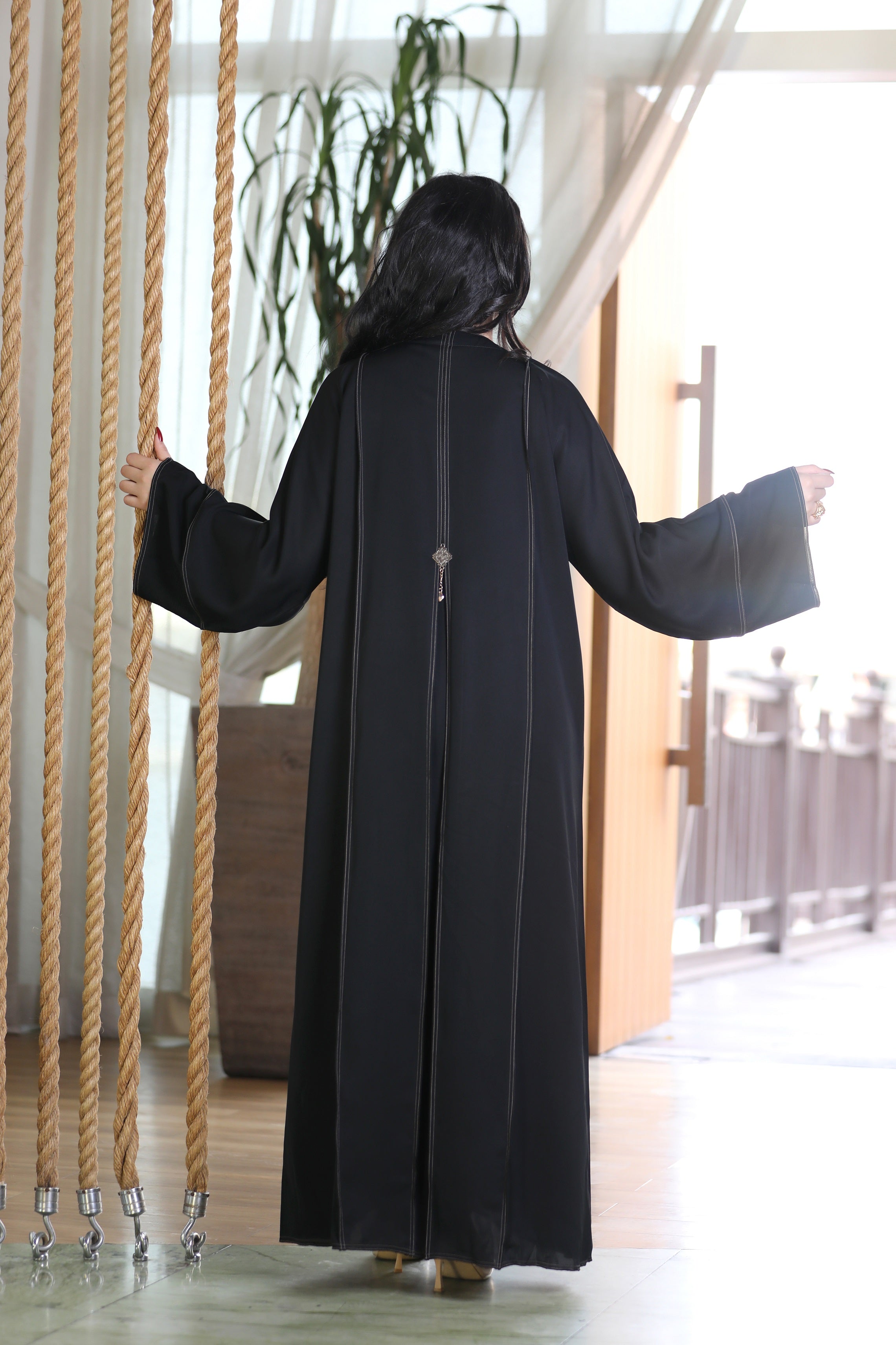 Black abaya with beige stripes